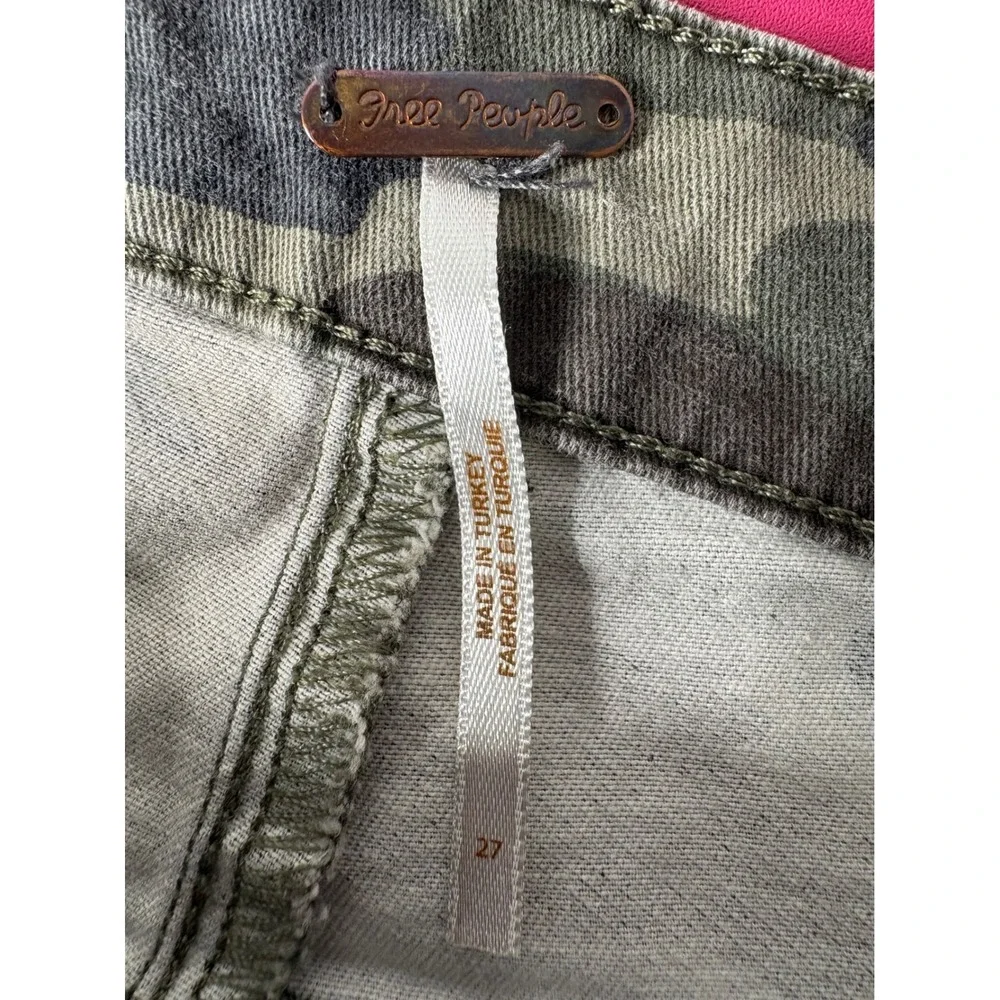 FRE PEOPLE Womens Green Camo High Rise Skinny Jeans Sz 27 Stretch Utility Casual